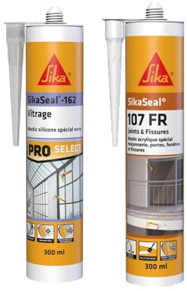 SIKA - Mastic Silicone - Spécial verre - Int & Ext - Ne jaunit pas - Transparent - 300ml + Mastic acrylique pour joints et fissures - Spécial maçonnerie, portes, fenêtres - Int & Ext - Blanc - 300ml