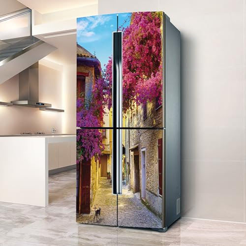 Pegatinas para refrigerador, adhesivo para nevera, cubierta completa para puerta, fundas para frigorífico, pegatinas de pared para cocina, árbol morado, retro, vista de la calle europea