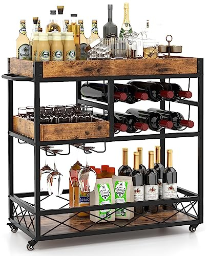 GYMAX Carrello Portabottiglie a 3 Livelli con Vassoio Rimovibile, Credenza Industriale Rustica per Casa con Portabottiglie e Bicchieri, Carrello Bar per Soggiorno, Cucina, Sala da Pranzo
