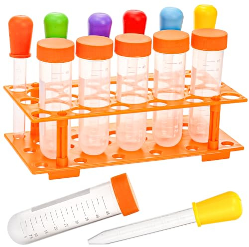 ZENFUN 12 tubos de ensayo jumbo con soporte, tubos de ensayo de plástico para ciencias primarias, 5 tubos de ensayo jumbo, 6 goteros líquidos de silicona y 1 soporte de almacenamiento, multicolor