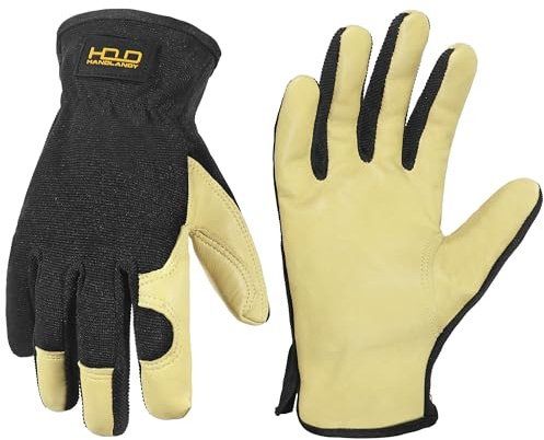 HANDLANDY Leder Gartenhandschuhe Arbeitshandschuhe für Damen und Herren kratzfeste atmungsaktive Handschuhe für Garten Hof Mechaniker Bauarbeiten (Beige, L)