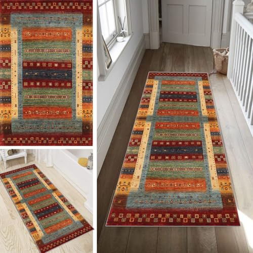 Poaegle Boho Style Teppich Läufer Flur Bunt Lang rutschfest Kücheläufer Waschbar Schlafzimmer Vintage Teppich Läufer 70x130cm Dauerhaft Läuferteppich Flurläufer Korridor Meterware