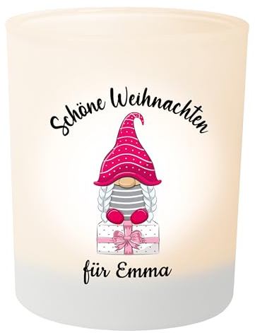 Weihnachts-Geschenk: Wichtel Teelichthalter personalisiert mit Namen – Teelichtglas Windlicht Weihnachtsdeko - Geschenk Weihnachten für Freunde Kollegen Familie (Schöne Weihnachten rosa Wichtel)