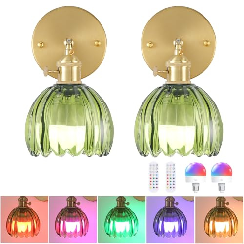 Set of 2 Battery Operated Wall Sconce, Rechargeable Wall Lamp with Remote Control & 12 RGB Colors - 3 Adjustable Color Temperatures, Dimmable Wireless Wall Lights for Bedroom Bathroom (Green Tulip)