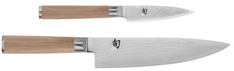 Shun Classic Blonde 2 Piece Starter Set, Includes 8 Chef and 3.5” Paring Knives, Handcrafted Japanese Knife Set, VG-MAX Core with Damascus Stainless Steel Cladding, Pakkawood Handle