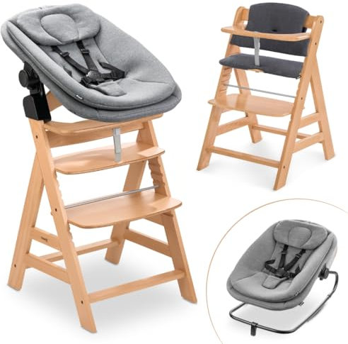 hauck Hochstuhl Alpha+ Newborn Set 3in1 Highchair Bouncer - mitwachsender Holz Babyhochstuhl ab Geburt, inkl. Neugeborenenaufsatz & Sitzpolster - Natur