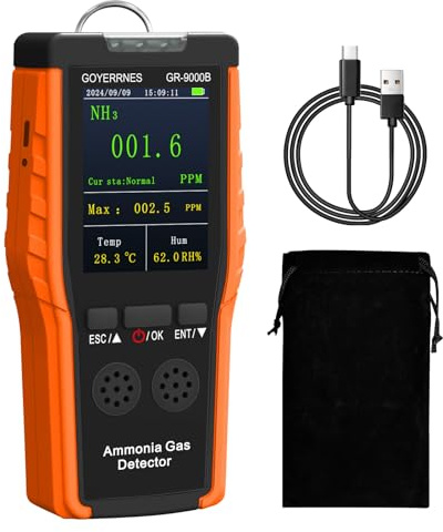 Ammoniak-gasdetektor bärbar NH3-gasdetektor med larm temperatur luftfuktighet digital ammoniak-kontinuerlig övervakningssensor område 0–100 PPM LCD-skärm uppladdningsbar lämplig för gårdar