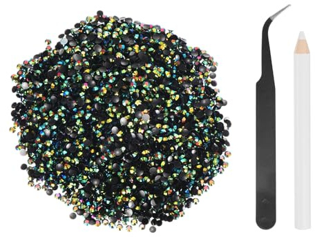 sourcing map 5000 unidades de diamantes de imitación de resina SS6 de 2 mm, gemas de brillo redondas a granel con herramientas de recogida para manualidades, vasos, tazas, ropa, color negro AB