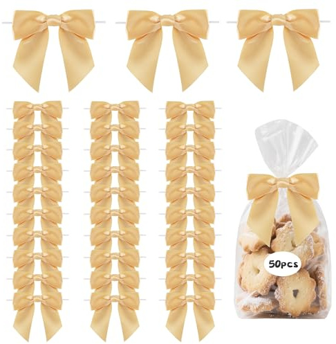 TONIFUL Lot de 50 nœuds en ruban de satin doré avec attache torsadée, nœuds décoratifs de 11,4 cm pour emballage cadeau, sacs à friandises, artisanat, bouteilles, sapin de Noël, mariage, fête