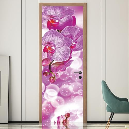 Türaufkleber Lila Orchidee Türtapete Selbstklebend Türposter 77x200 cm Vinyl Türfolie Küche Aufkleber Wandtapete für Tür Wohnzimmer Schlafzimmer Bad Dekor