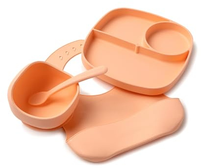 Muchmellow - Set Pappa Silicone MADE IN ITALY 4 Pezzi, Ciotola con Ventosa Anticaduta, Piatto, Cucchiaio, Bavaglino Regolabile, Svezzamento, Plastic Free, BPA Free, Lavabile Lavastoviglie (Pesca)