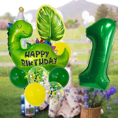 Dino Geburtstagsdeko Nummer 1, Dinosaurier Luftballon 1., Dino Geburtstag Deko 1, Dinosaurier Happy Birthday Ballons 1 (Grün)