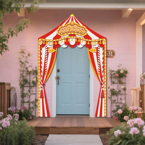 WADORN Décorations de Fête à Thème de Chapiteau de Cirque, 270x180cm Bannière de Carnaval Toile de Fond à Rayures Rouges et Blanches pour Photographie Décoration de Fête Anniversaire Thème Clown