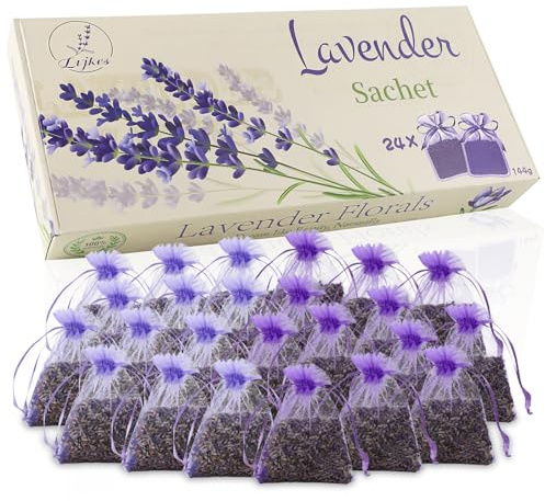 Lvjkes Sacchetti di lavanda, 24x6g Lavanda essiccata, adatti per armadi, cassetti per proteggere dalle tarme, auto, profumo naturale per ambienti, sonno rilassante profumatore armadio