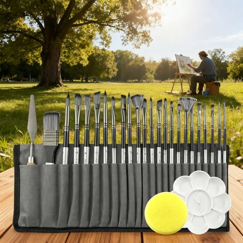 Professional Paint Brushes Set for Artists: Portable Case Paintbrushes Kit for Travel - 24pcs Multi-Brush for Acrylic Painting Oil Watercolor Gouache Painting - Ideal for Gift