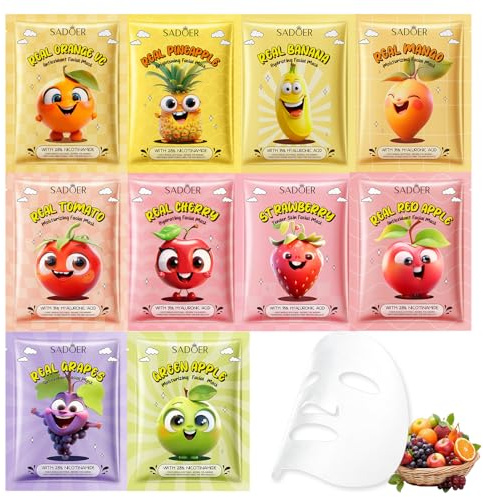 10 Piezas Mascarilla Hidratante Facial, Daily Care Mascarilla Facial, Ricas en extractos de frutas,Iluminadora, Calmante, Skincare Set para Mujeres Adolescente