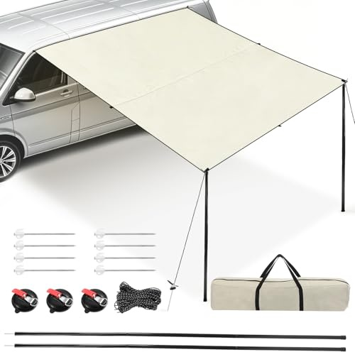 Vorzelt Auto Sonnensegel mit Camping Busvorzelt Markise Auto Camper 2.5 x 2.4m,Universal Caravan Sonnenschutz mit Saugnapf Kederleiste Wohnmobil für Transporter Vans SUV Wasserdicht UV-Schutz