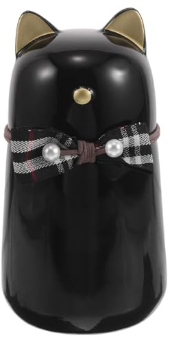 Lurrose Urna de Cerámica para Cenizas de Mascota, Caja Conmemorativa Pequeña para Gato, Diseño Gato Gordito con Moño, Color Negro con Orejas Doradas, Urna para Recuerdos Color