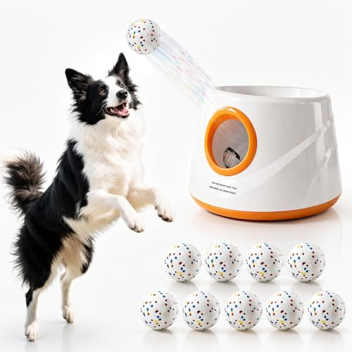 Akamiti Automatischer Ballwerfer für Hunde, Wiederaufladbarer, 9 ETPU Bäll | Ballwurfmaschine für hunde mit 3 Distanzstufen (5–15 m), Interaktives Hundespielzeug für Training & Beschäftigung ,Orange