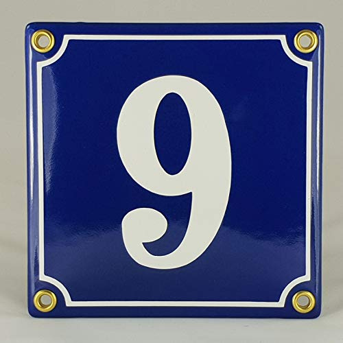 Emaille Schild Hausnummer 9 Blau-Weiß Handarbeit