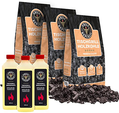 Grill Republic 3X Tischgrill-Kohle 2,5kg & 3X Brennpaste 500ml / 100% Reine Buchenholzkohle für rauchfreie Tischgrills