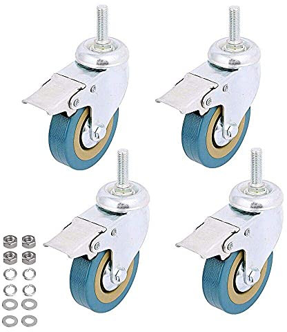 Paquet de 4, WeFoonLo Roue à roulettes en polyuréthane non marquante verrouillable à rotation avec roulettes pivotantes et blocage pour chariots, meubles, porte-outil (M10 tige filetée-3)