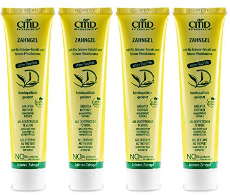CMD Teebaumöl Zahngel (4x75ml), mit grünem Tee ohne Fluorid, ohne ätherische Öle (Homöopathieverträglich) Bio-Zahnpasta, Vegan, Naturkosmetik für sensible Zähne