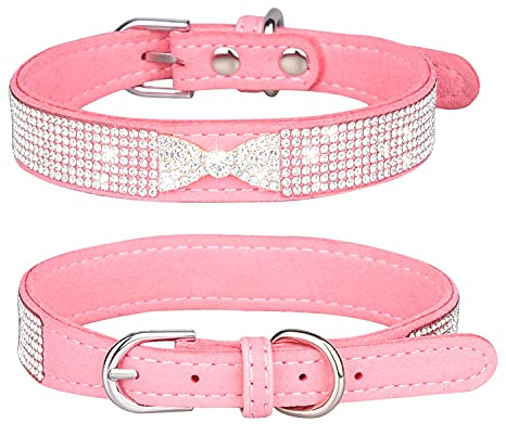 haoyueer Hundhalsband i strass, gulligt bländande glittrande mjukt mocka läder hund katt strass krage koppel kristall diamant husdjur hund valphalsband (L, rosa-3)