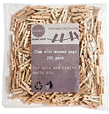 200 x Mini Holzklammern, 25mm Natur Kleine Wäscheklammern aus Echten Holz | Deko Klammern, Kleine Holzclips, Natürliche Zierklammern für DIY, Basteln, Aufhängen von Fotos, Postkarten, Briefen