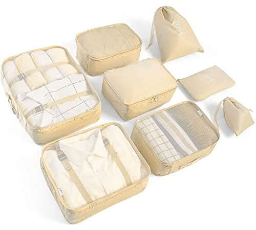 AMAYGA Koffer Organizer Set 8-teilig, kleidertaschen für Kleidung Kosmetik Schuhbeutel Kabel Aufbewahrungstasche, Reisen Organizer Tasche(Beige)