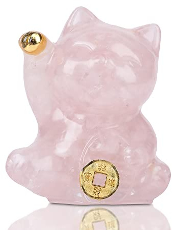 Reyife Yellow Crystal Lucky Cat Figurine Hand Carved Maneki Neko Money Cats Statue Feng Shui Decoration for Home Office Attract Good Luck Money Wealth with Gift Box (Pink Quartz)