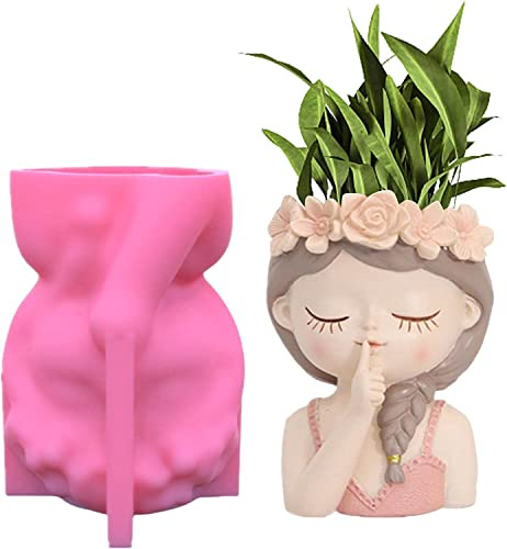 RZXBB silikon gjutform blomkruka, vas silikonform epoxiharts form, betong gjutform 3D flicka huvud suckulent blomform harts formar hantverk (A)