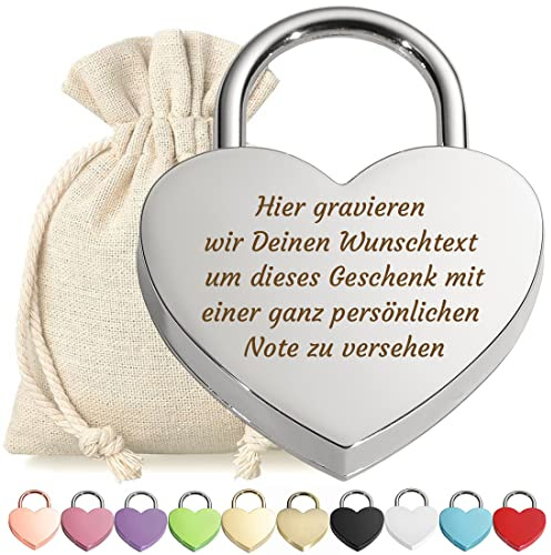 Herz Liebes-Schloss Bügelschloss Vorhängeschloss Silber Gravur mit Schlüssel - Wunschtext - Metall eloxiert - Geschenkbeutel - Geschenk Liebesgeschenk Valentinstag Jahrestag - Paar Ehepaar