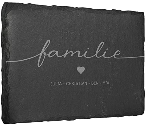 Gravierte Deko Schiefertafel ''Familie'' personalisiert mit Vornamen - 40x30 cm - Laser Gravur auf Natur-Schiefer - auswählbare Befestigungsoptionen - Schieferplatte Haustür Türschild Familienschild