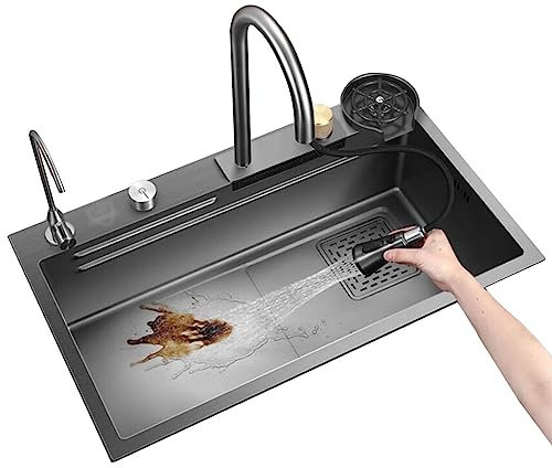SZITW Kitchen Pantry Studio Küchenspüle, Siphon-Spüle mit Wasserhahn, Glaswaschbecken, Spülen-Set mit Zubehör, leicht zu reinigende Spülen (Farbe: schwarzer Stahl, Größe: 68 x 45 x 22 cm)
