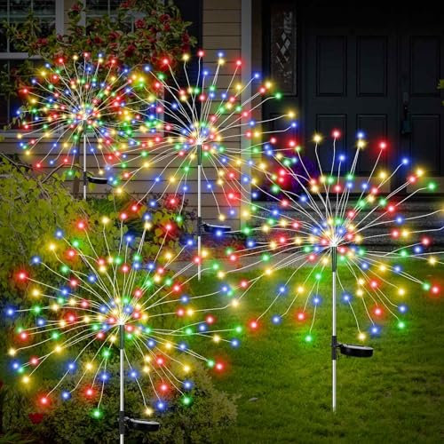 Solar Lights for Garden Decoration,600 LED Christmas Fairy Lights Solar Powered Starburst Lights Outdoor Firework Decorative Lamp Pathway Lighting 8 Different Modes Waterproof Colored 4 Pack