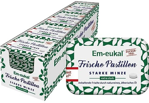 Em-eukal Frische Pastillen Starke Minze extra stark, Zuckerfrei, Anhaltende Frische durch naturreines & ätherisches Öl, 12x20 g