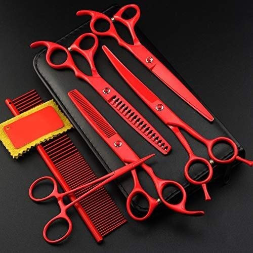 QUNINE Pflegeschere für Hunde und Katzen, 17,8 cm, professionelle Haustierschere für Hundepflege, Hundeschere, Haarschneider, gerade, dünner werdende, Gebogene Schere, 5-teiliges Set + Kamm