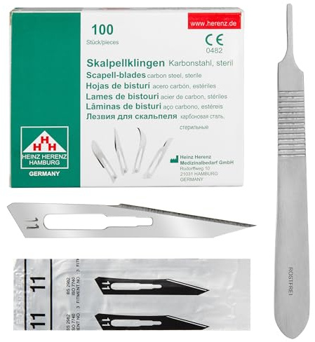 Set - 100 Stück sterile Skalpellklingen Figur 11 aus Karbonstahl - Ersatzklingen + 1 x Shehadeh - Skalpell-Halter - Edelstahl