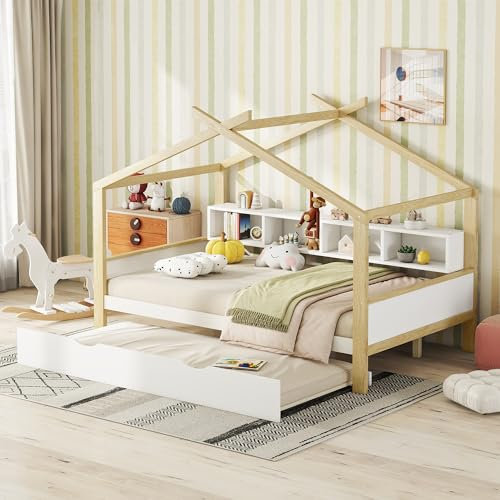 Idemon 140 * 200cm Hausbett, Kinderbett, ausgestattet mit Ausziehbett, Vier Staufächern, weiß