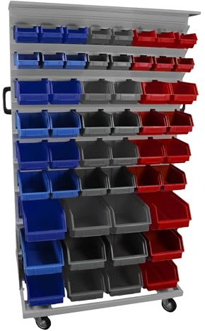 LEOMAR Werkstattregal, Zweiseitig mit 104 Stapelboxen, Mobil & Gebrauchsfertig, Regal für Werkstätten & Produktionsfirmen, Lagersystem mit Sichtlagerkästen, 67 x 94 x 156 cm, Blau, Aschgrau & Rot