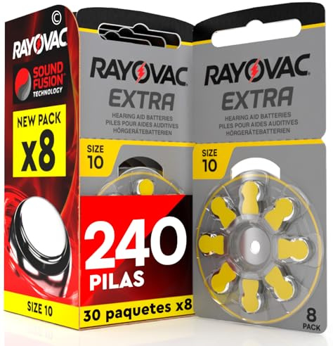 Udivita 240 pilas zinc-aire para aparatos y prótesis acústicas, tamaño 10, con tecnología Sound Fusion – 30 paquetes de 8 pilas