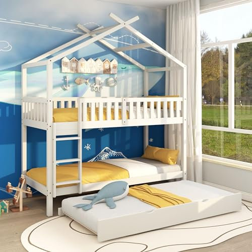 Zravenna Kinderbett Etagenbett 2 Kinder 90x200 cm, Hausbett mit Rausfallschutz Weiß, Holzbett Bettgestell mit Lattenrost,Geschwister Bett für Mädchen und Jungen (Ausziehbares-Bett), 29761678AAW812