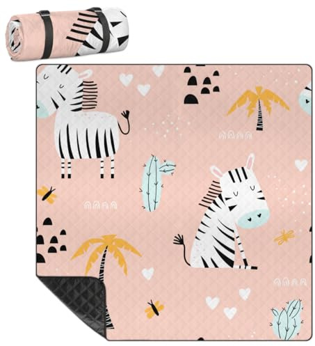 Mularoka Zebra Cactus Picnic Blankets Waterproof Sandproof Foldable Beach Blanket 79 x 79 Extra Large Portable Washable Outdoor Mat for Camping Park Grass Hiking Travel