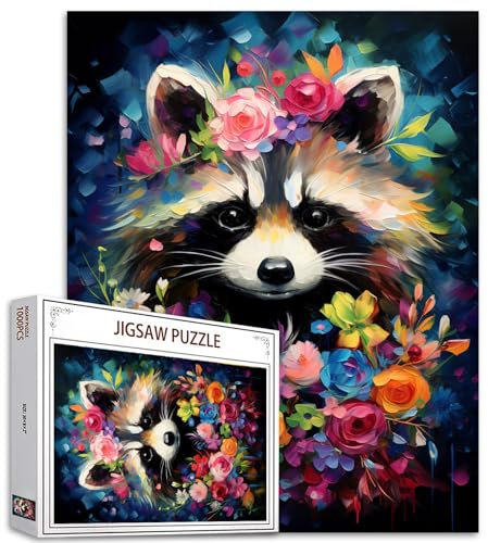 Tucocoo Raccoon Jigsaw Puzzle 1000 Pieces Puzzles for Adults, Beautiful Flowers Jigsaw Puzzles for Challenging Family Activity Games DIY Puzzle for Home Wall Decor Gifts - 20 x 27 Inches