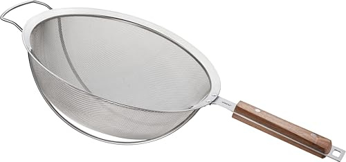 GEFU Sieb PASSO Ø 24 cm - Edelstahl Küchensieb mit Walnussholzgriff | Feinmaschiges Haarsieb mit ergonomischem Griff aus Walnussholz, verstärktes Edelstahlgewebe und praktische Aufhängeöse