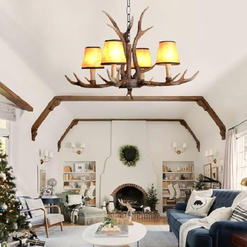 Retro Pendellampe E14 Pendelleuchte Esstischlamp Resin Geweihe Hängelampe Industriestil American Ländliche Kronleuchter Höhenverstellbarer Hängeleuchte Bar Wohnzimmer Cafe Küche Deckenleuchte(4 heads)