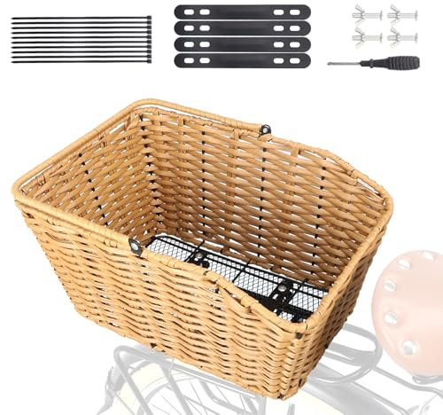 ZUKKA Rear Bike Basket Woven Bike Tail Basket Large Capacity Bicycle Basket with Installation Tools Fits for Most Rear Bike Racks (Wood)