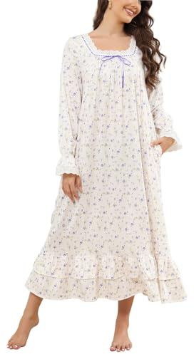 Rubehoow Camicia da notte da donna, stile vittoriano, vintage, a maniche lunghe, in morbido cotone, abito da notte S-3XL