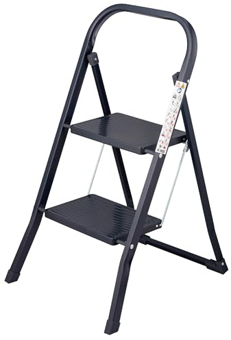 OurHouse Rubber Non-Slip 2-Tread Step Ladder, Lightweight and Sturdy Steel Frame, Portable Compact Design for DIY & Gardening, Indoor/Outdoor Use, 150kg Max Capacity (2-Tread)